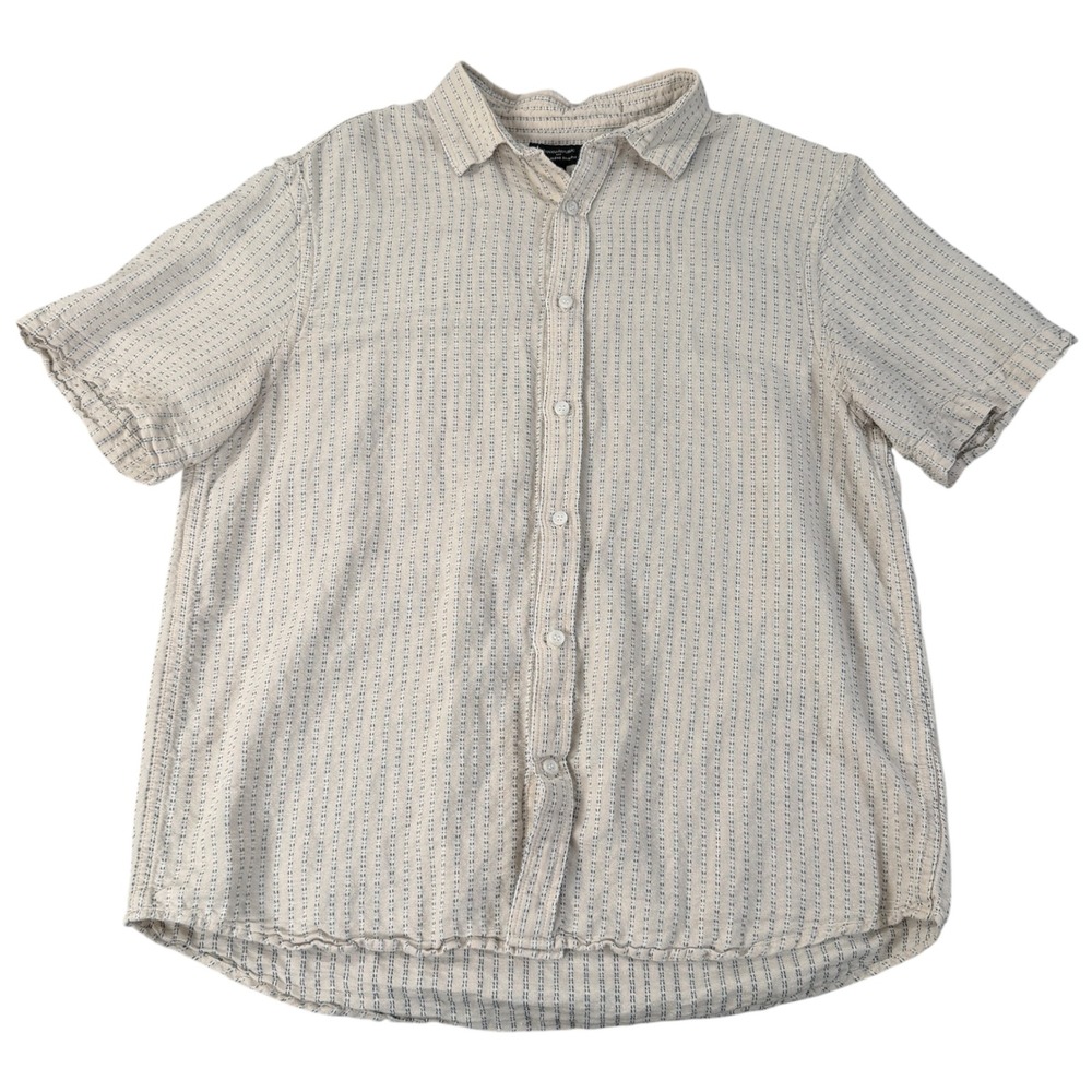 Banana Republic Mens Large Slim Fit Linen Cotton Short Sleeve Striped Shirt Tan